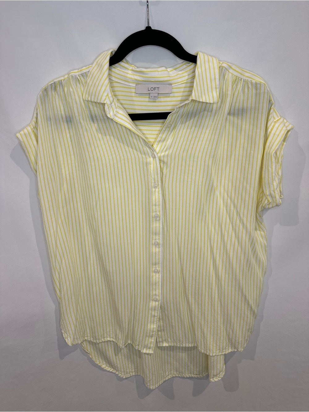 LOFT Pale Yellow Striped Button-Front Cap Sleeve Blouse